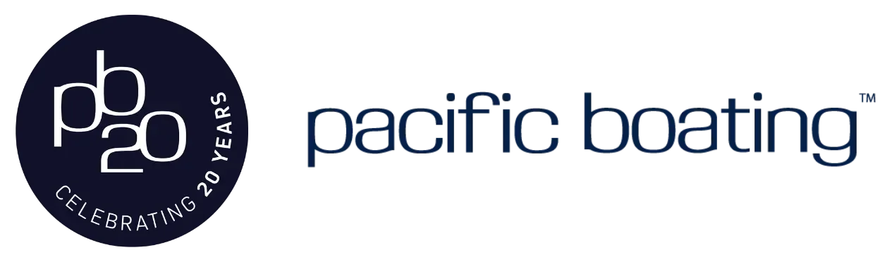 Pacific Boating logo featuring a dark blue circular badge with 'pb20' and '20 YEARS' beside the text 'pacific boating' in blue.